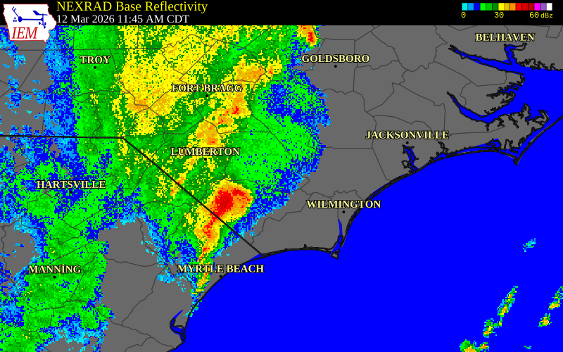 NEXRAD radar during the Thursday, March 12, 2026 storm activity in Pender County, North Carolina