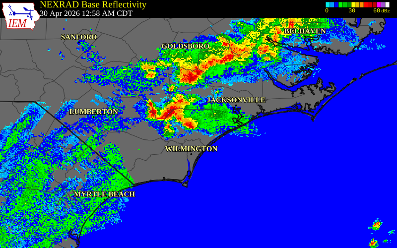 NEXRAD radar during the Thursday, April 30, 2026 storm activity in Pender County, North Carolina