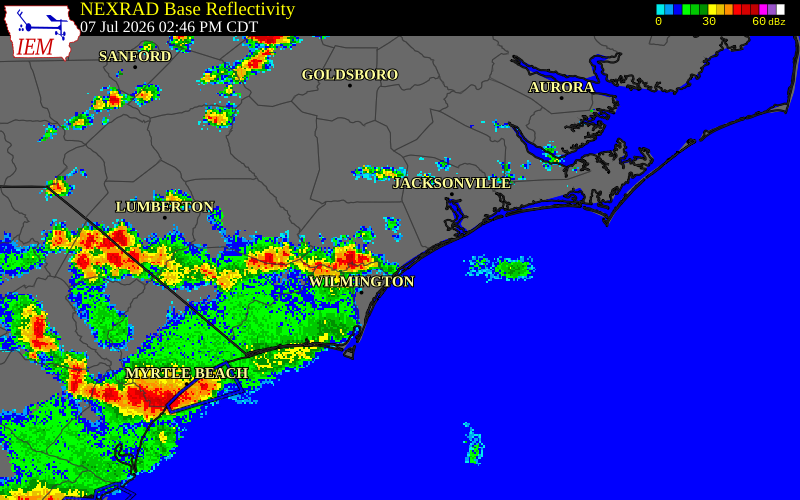 NEXRAD radar during the Tuesday, July 7, 2026 storm activity in Pender County, North Carolina