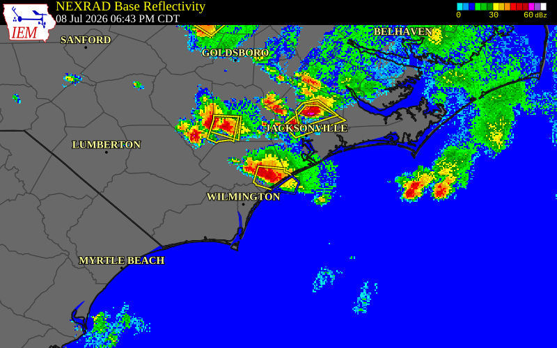 NEXRAD radar during the Wednesday, July 8, 2026 storm activity in Pender County, North Carolina