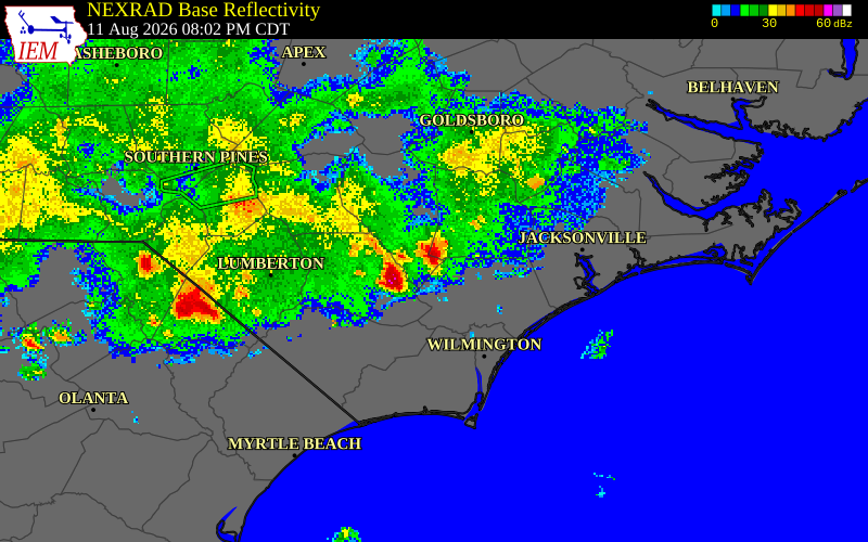 NEXRAD radar during the Tuesday, August 11, 2026 storm activity in Pender County, North Carolina