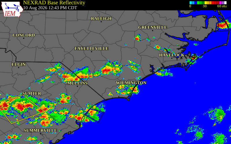 Radar snapshot during the Aug 10, 2026 wind event near Pender County, Pender County, North Carolina, with NWS warning polygons
