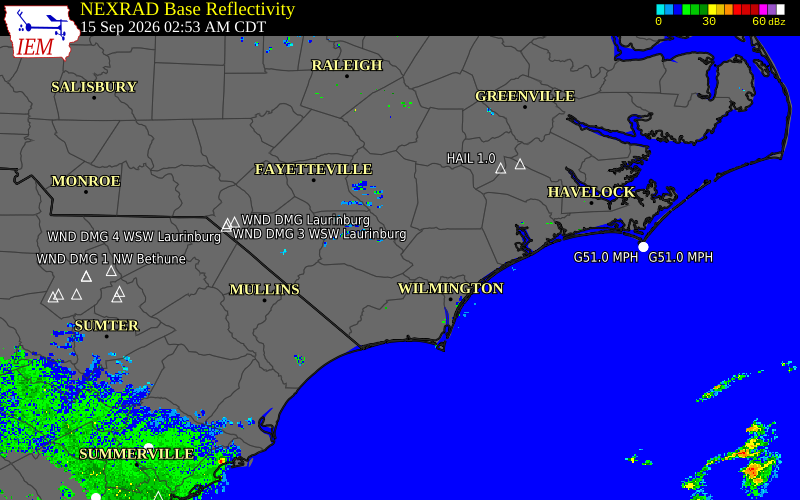 Current NEXRAD radar over Pender County, North Carolina with recent storm report locations