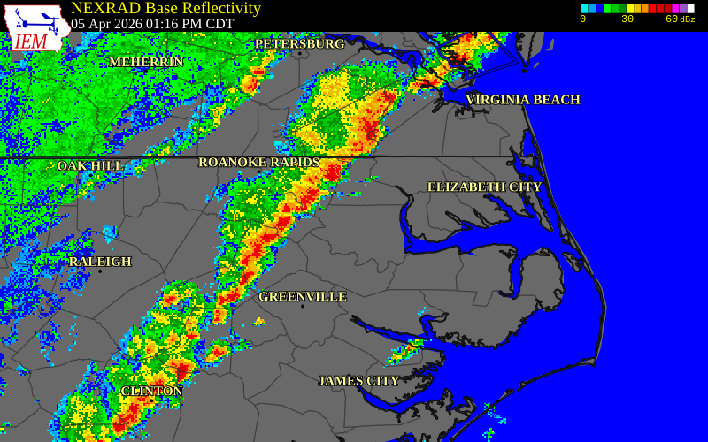 NEXRAD radar during the Sunday, April 5, 2026 storm activity in Perquimans County, North Carolina