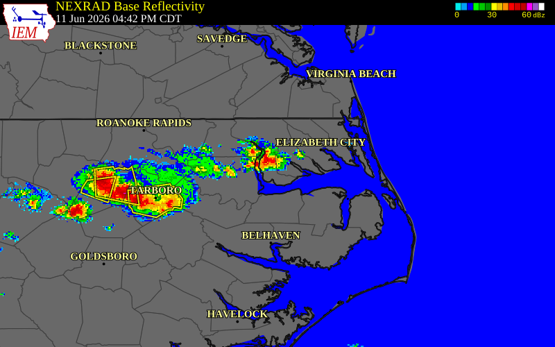 NEXRAD radar during the Thursday, June 11, 2026 storm activity in Perquimans County, North Carolina