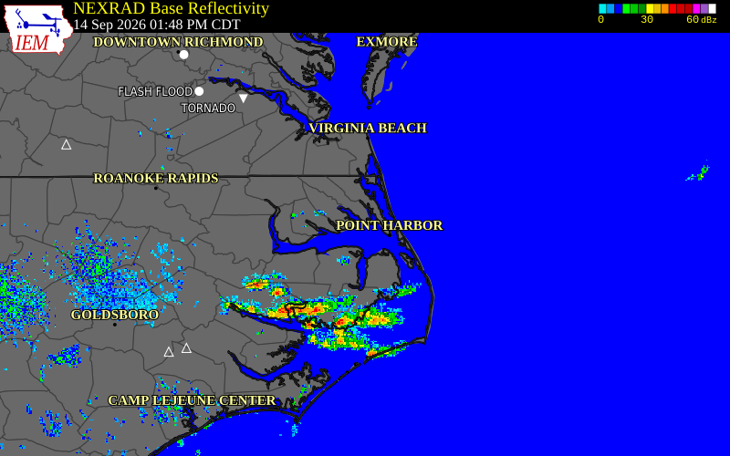 Current NEXRAD radar over Perquimans County, North Carolina with recent storm report locations