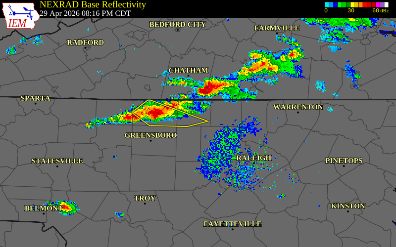 NEXRAD radar during the Wednesday, April 29, 2026 storm activity in Person County, North Carolina