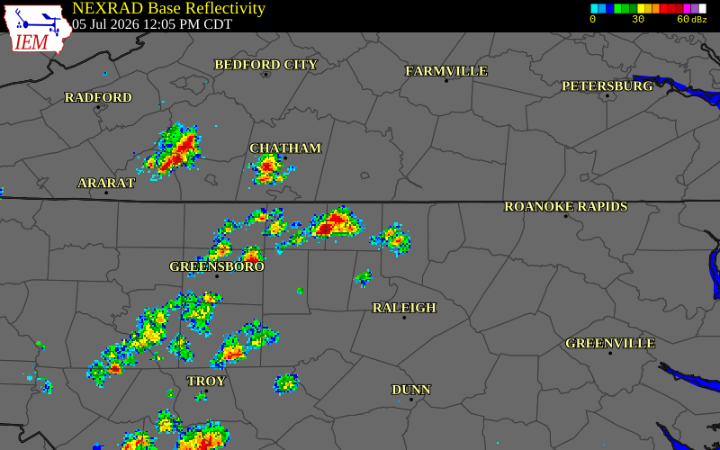 NEXRAD radar during the Sunday, July 5, 2026 storm activity in Person County, North Carolina
