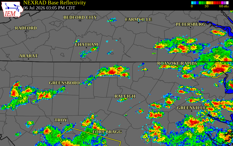 NEXRAD radar during the Monday, July 6, 2026 storm activity in Person County, North Carolina