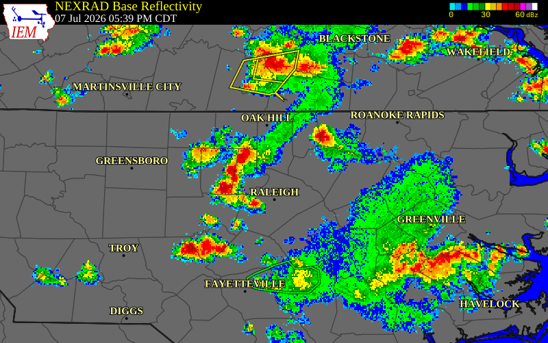NEXRAD radar during the Tuesday, July 7, 2026 storm activity in Person County, North Carolina