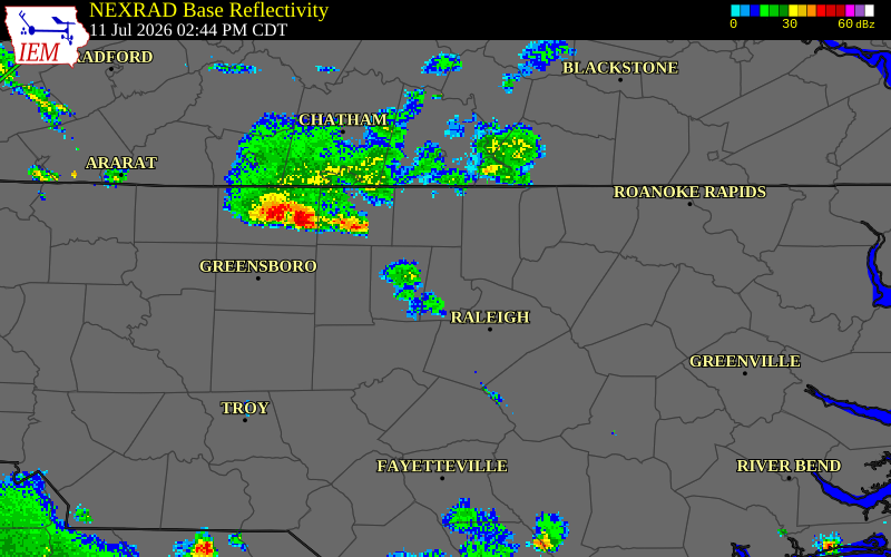 NEXRAD radar during the Saturday, July 11, 2026 storm activity in Person County, North Carolina