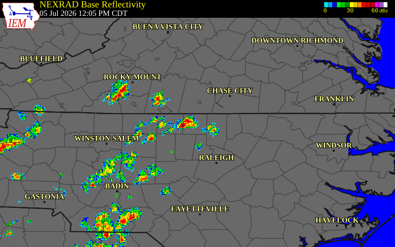 Radar snapshot during the Jul 5, 2026 wind event near Person County, Person County, North Carolina, with NWS warning polygons