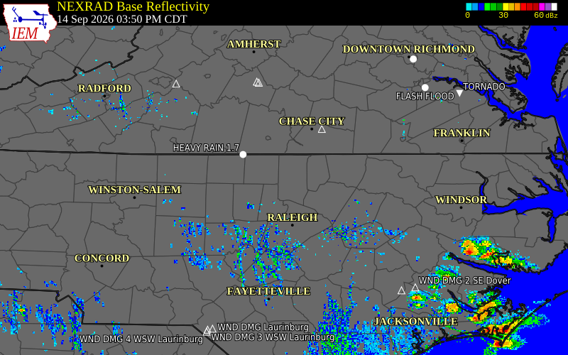 Current NEXRAD radar over Person County, North Carolina with recent storm report locations