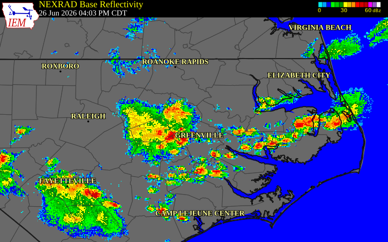 NEXRAD radar during the Friday, June 26, 2026 storm activity in Pitt County, North Carolina