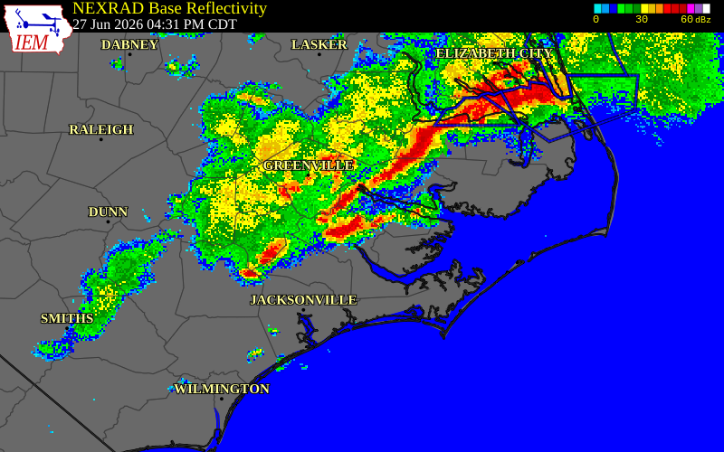 NEXRAD radar during the Saturday, June 27, 2026 storm activity in Pitt County, North Carolina