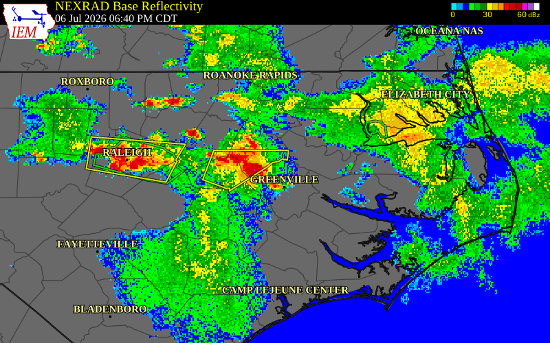 NEXRAD radar during the Monday, July 6, 2026 storm activity in Pitt County, North Carolina