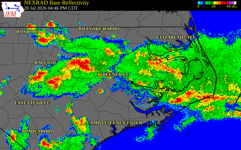 NEXRAD radar during the Monday, July 20, 2026 storm activity in Pitt County, North Carolina