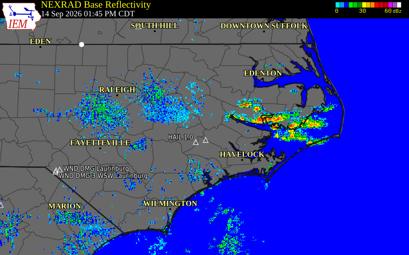 Current NEXRAD radar over Pitt County, North Carolina with recent storm report locations