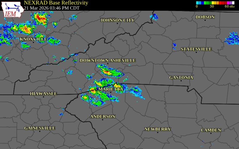 NEXRAD radar during the Saturday, March 21, 2026 storm activity in Polk County, North Carolina