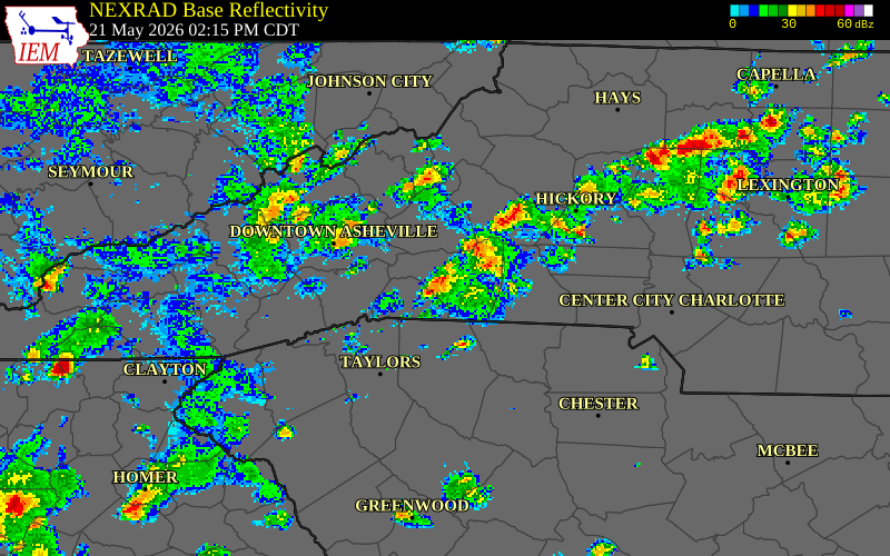 NEXRAD radar during the Thursday, May 21, 2026 storm activity in Polk County, North Carolina
