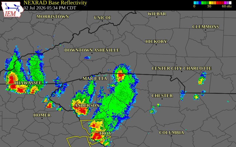 NEXRAD radar during the Thursday, July 2, 2026 storm activity in Polk County, North Carolina