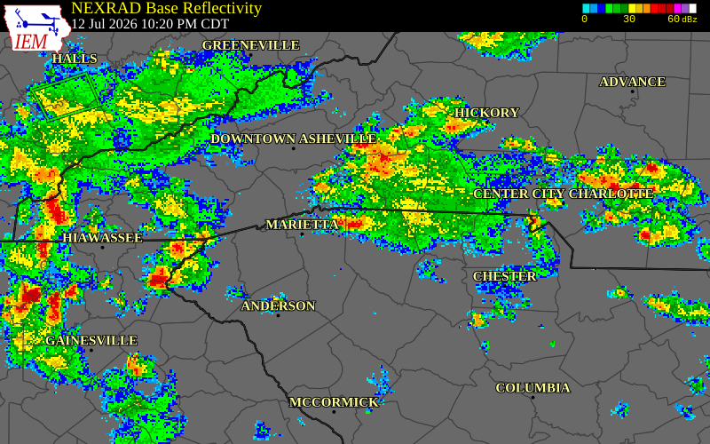 NEXRAD radar during the Sunday, July 12, 2026 storm activity in Polk County, North Carolina