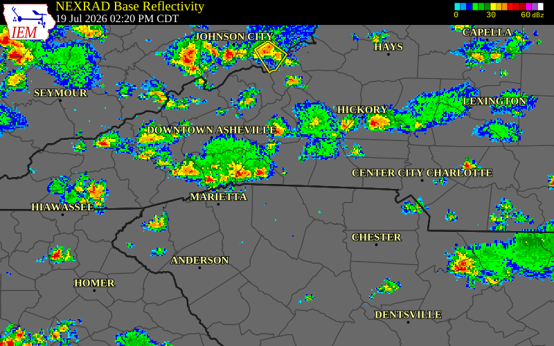 NEXRAD radar during the Sunday, July 19, 2026 storm activity in Polk County, North Carolina
