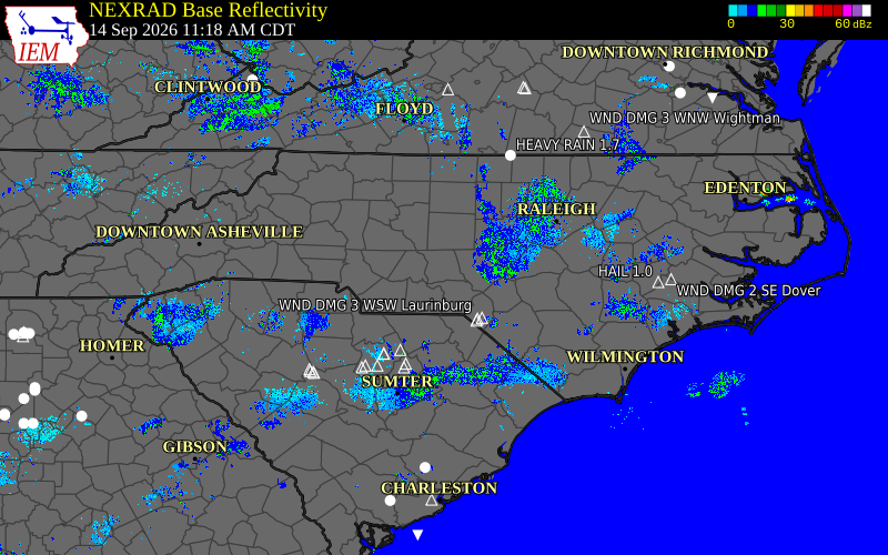 Current NEXRAD radar across North Carolina with recent storm report locations