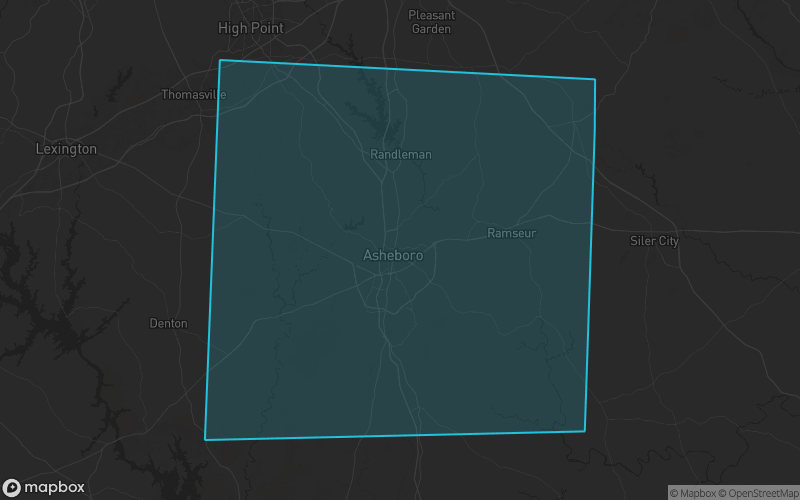 Map of Randolph County, North Carolina showing the county boundary and surrounding cities