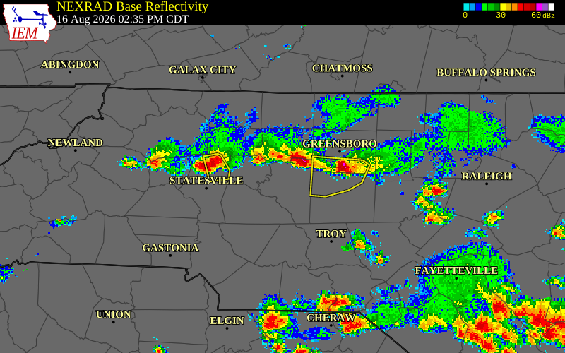 NEXRAD radar during the Sunday, August 16, 2026 storm activity in Randolph County, North Carolina