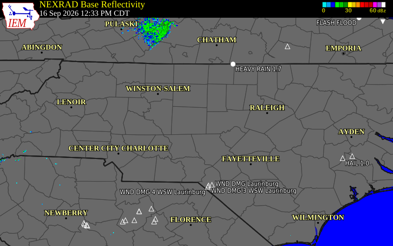 Current NEXRAD radar over Randolph County, North Carolina with recent storm report locations