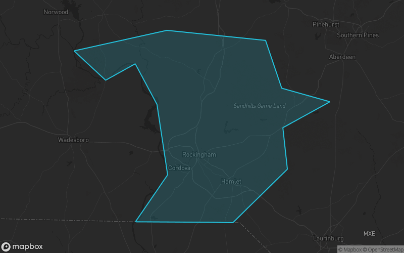 Map of Richmond County, North Carolina showing the county boundary and surrounding cities