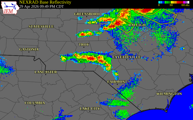 NEXRAD radar during the Wednesday, April 29, 2026 storm activity in Richmond County, North Carolina