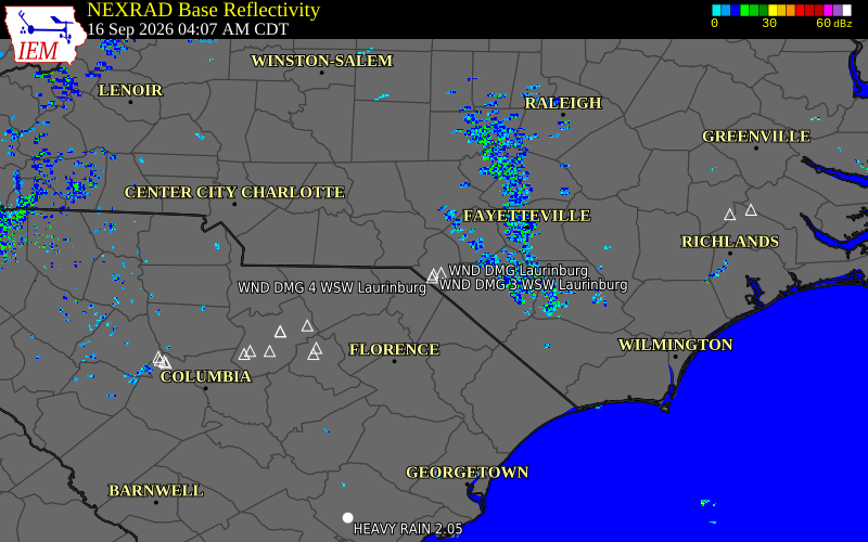 Current NEXRAD radar over Richmond County, North Carolina with recent storm report locations