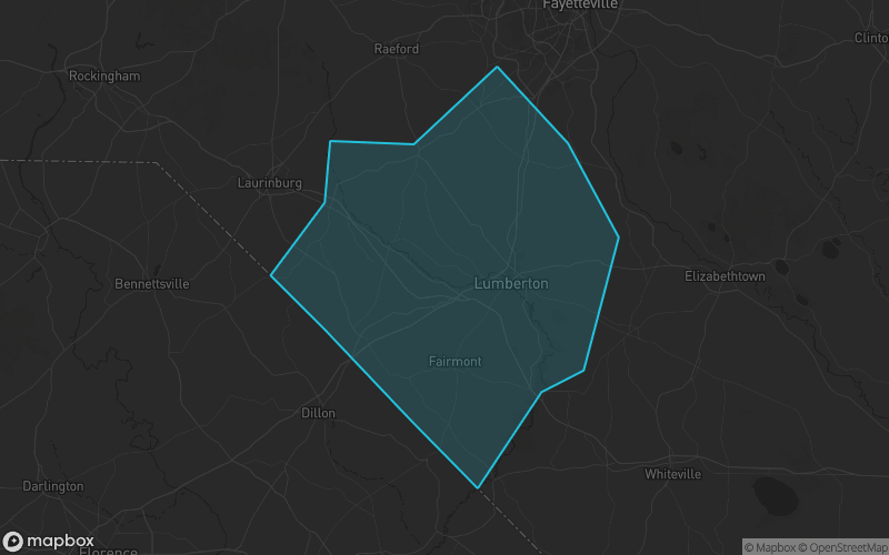 Map of Robeson County, North Carolina showing the county boundary and surrounding cities