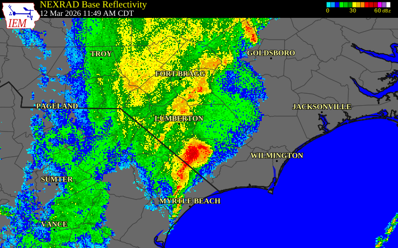 NEXRAD radar during the Thursday, March 12, 2026 storm activity in Robeson County, North Carolina