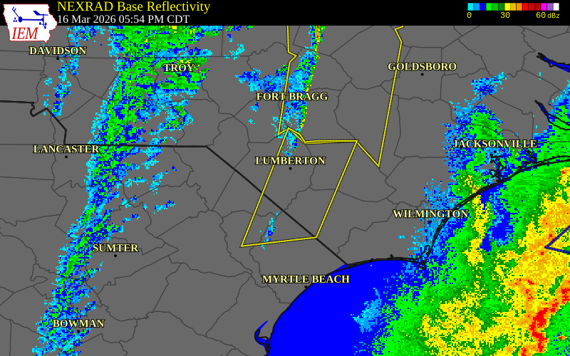 NEXRAD radar during the Monday, March 16, 2026 storm activity in Robeson County, North Carolina