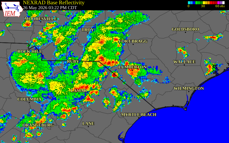 NEXRAD radar during the Tuesday, May 26, 2026 storm activity in Robeson County, North Carolina