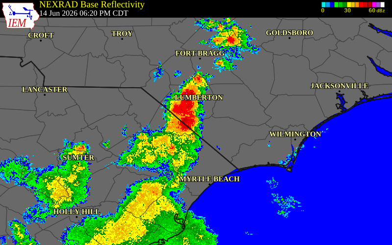 NEXRAD radar during the Sunday, June 14, 2026 storm activity in Robeson County, North Carolina