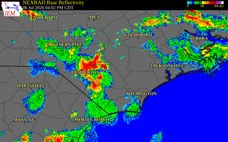 NEXRAD radar during the Monday, July 6, 2026 storm activity in Robeson County, North Carolina