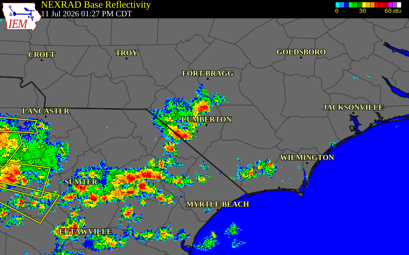 NEXRAD radar during the Saturday, July 11, 2026 storm activity in Robeson County, North Carolina