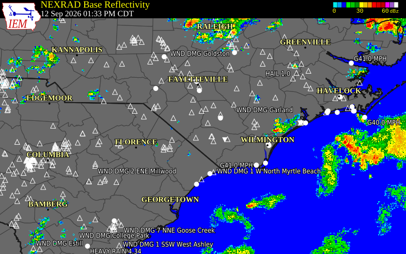 Current NEXRAD radar over Robeson County, North Carolina with recent storm report locations