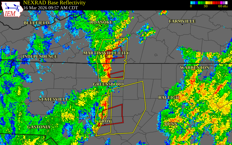 NEXRAD radar during the Monday, March 16, 2026 storm activity in Rockingham County, North Carolina