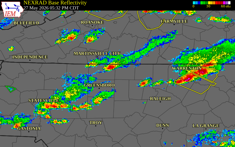 NEXRAD radar during the Wednesday, May 27, 2026 storm activity in Rockingham County, North Carolina
