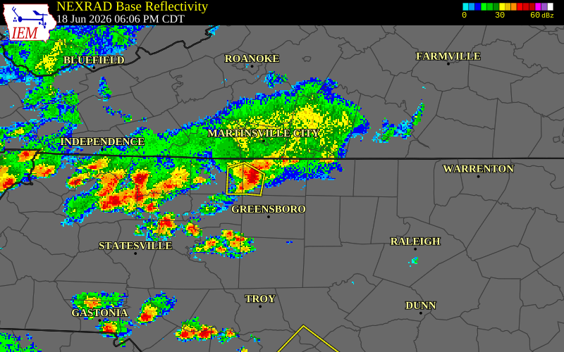 NEXRAD radar during the Thursday, June 18, 2026 storm activity in Rockingham County, North Carolina