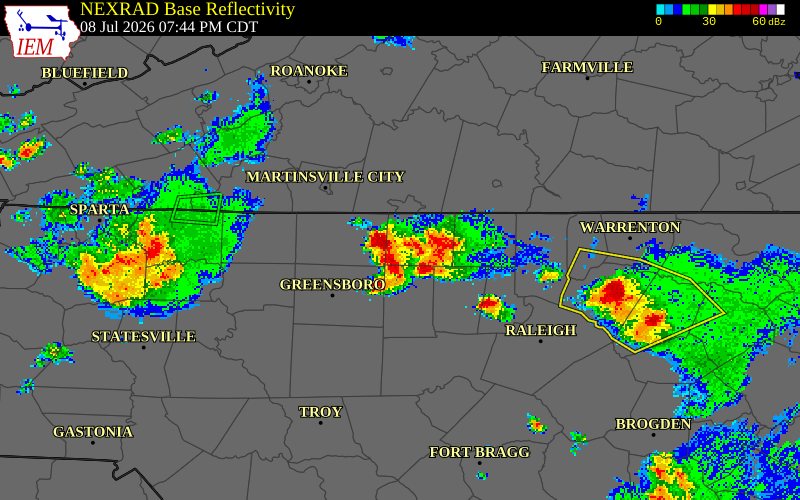 NEXRAD radar during the Wednesday, July 8, 2026 storm activity in Rockingham County, North Carolina