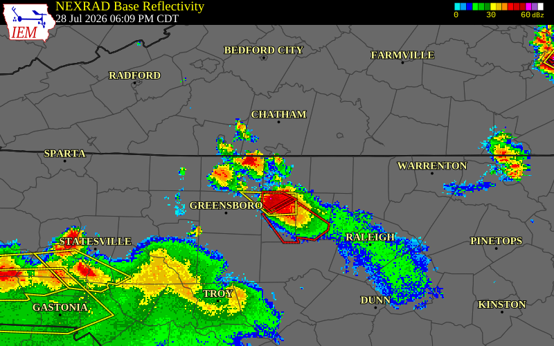 NEXRAD radar during the Tuesday, July 28, 2026 storm activity in Rockingham County, North Carolina
