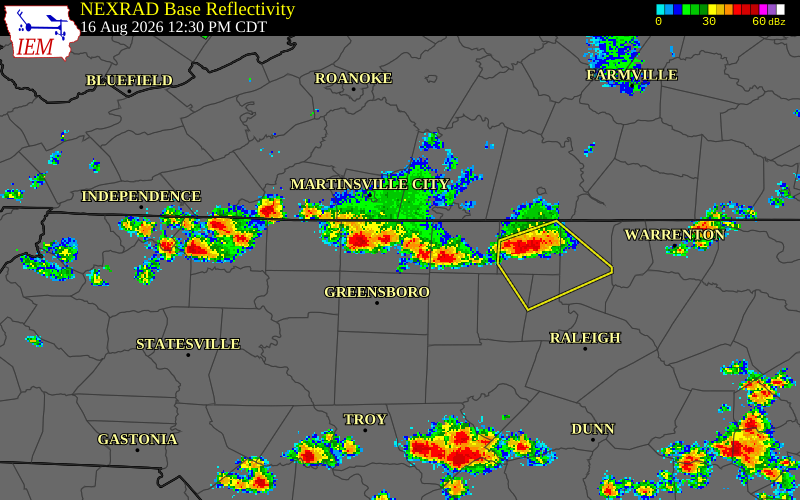 NEXRAD radar during the Sunday, August 16, 2026 storm activity in Rockingham County, North Carolina