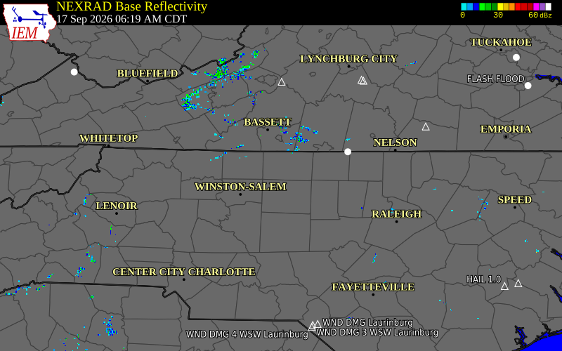 Current NEXRAD radar over Rockingham County, North Carolina with recent storm report locations
