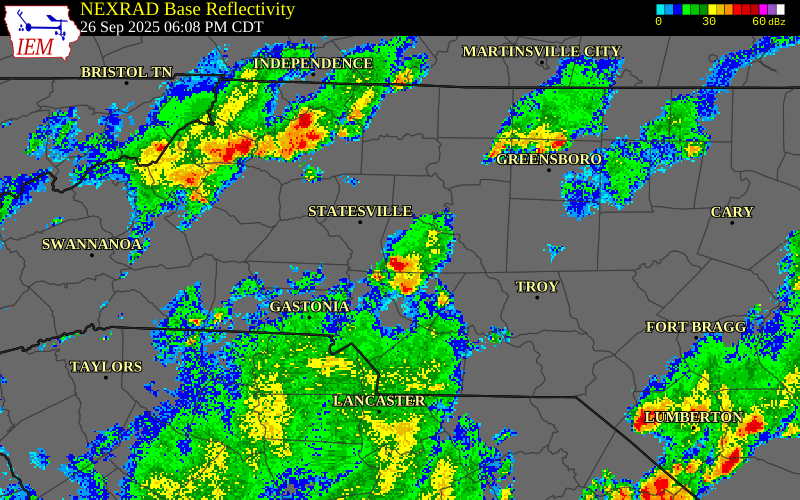 NEXRAD radar during the Friday, September 26, 2025 storm activity in Rowan County, North Carolina